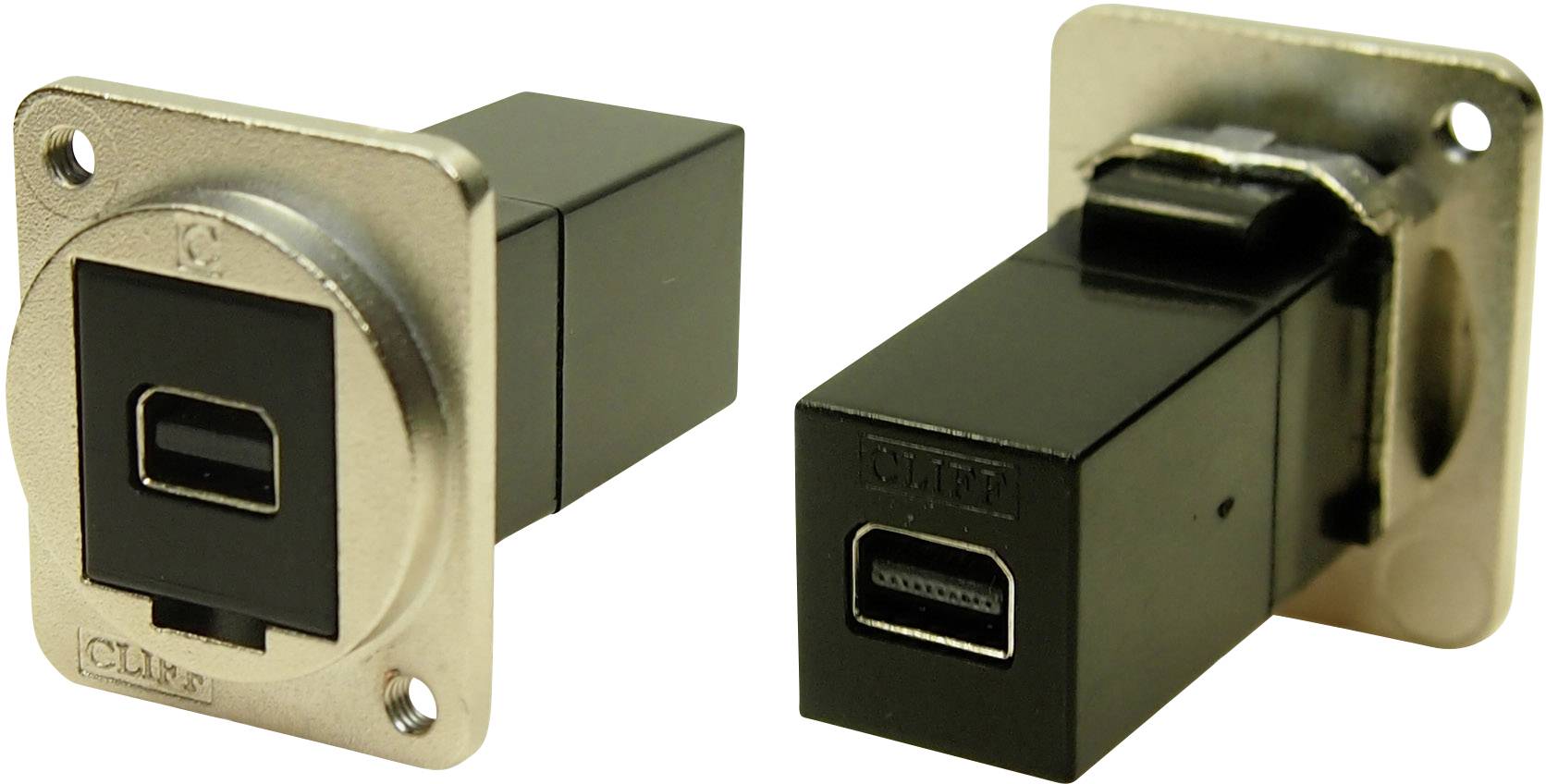 Two black rectangular USB connectors, one in front view, the other from the side, mounted in rectangular metal plates.
