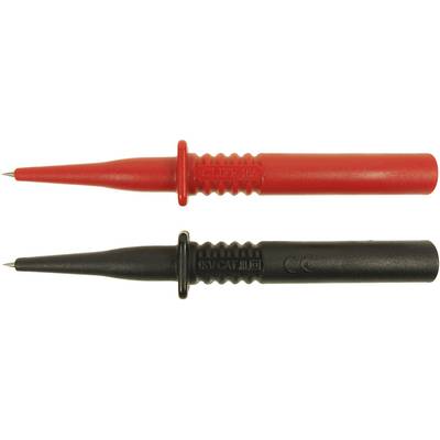 'Two test probes, one red and one black, for measuring electrical circuits.'