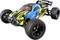 Remote-controlled car with an aggressive design, painted in blue, yellow, and green. Large, treaded tyres for off-road driving.