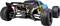 A remote-controlled toy car with large wheels and colourful design, featuring a robust suspension and a distinctive rear spoiler.