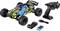 Remote-controlled car with blue bodywork and black stripes, alongside remote control, charger, two batteries and USB cable.