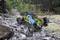 A remote-controlled car with blue and yellow design drives over a rocky surface. Surrounded by grass and plants in the background.