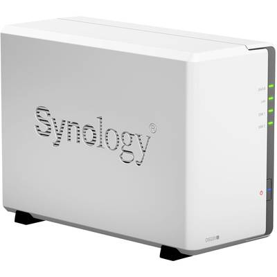 A white Synology NAS device, model DS220j, with four LED indicators on the front panel showing the system status.