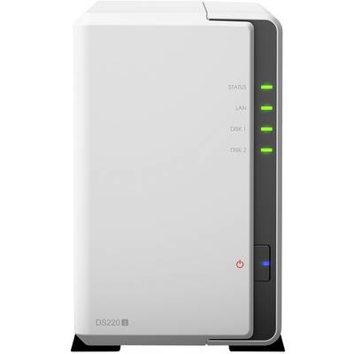 A white NAS enclosure with illuminated status indicators for 'Status', 'LAN', 'Disk 1' and 'Disk 2' on the right-hand side.