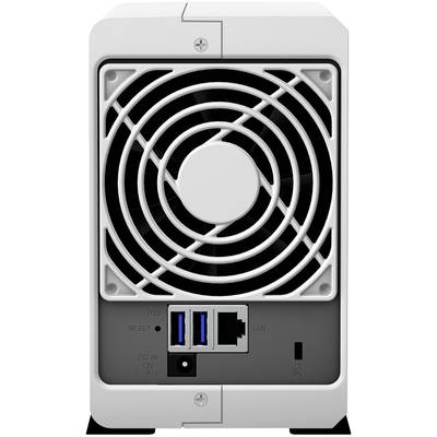 Back of a network storage device with ventilation grille, USB ports, LAN port, and power connection visible.