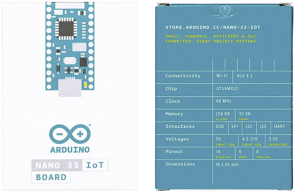 'Front side: Arduino Nano 33 IoT Board with logo. Reverse side: Technical details, such as Wi-Fi BLE 4.2, ATSAMD21 chip, 48 MHz, USB, SPI, I2C.'