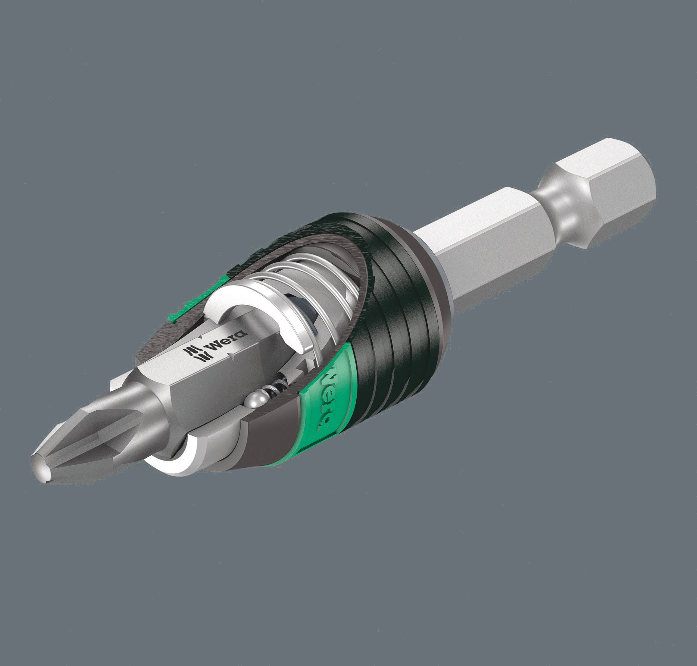 A screwdriver bit with a distinctive green and black handle, suitable for precise work and universal application.