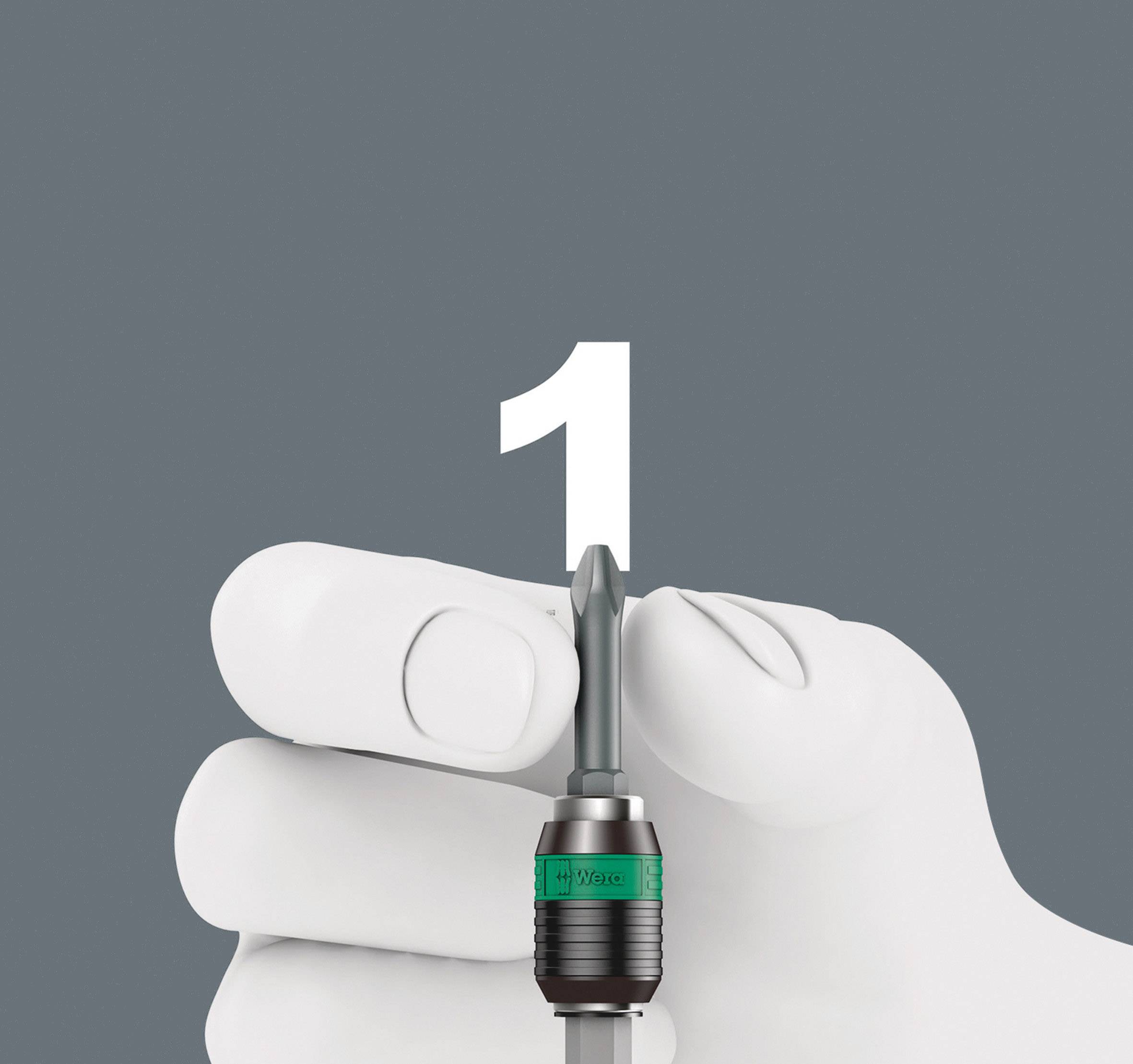 A white hand, formed from screw parts, holds a drill with the number '1' floating on it.