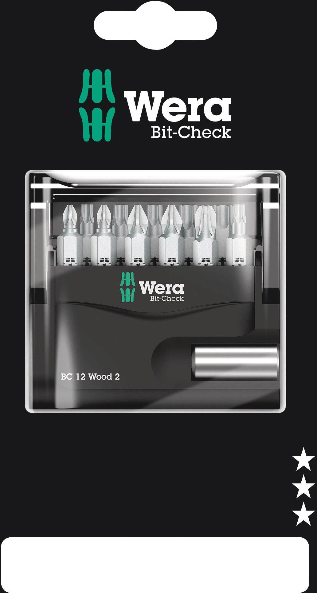 A set of bits in a plastic case, marked as 'Wera Bit-Check', displays various bit sizes and a bit holder.