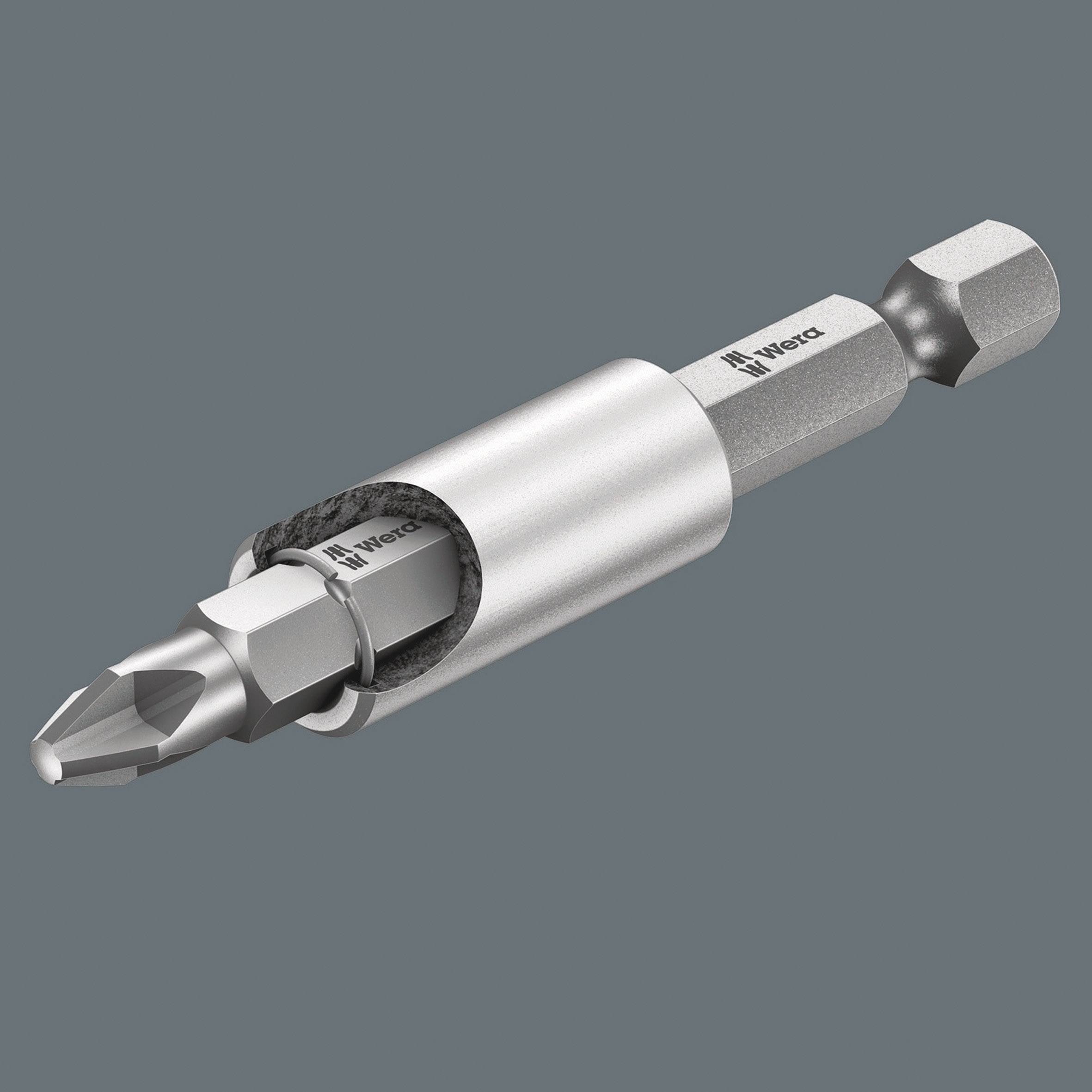 A screwdriver bit with a magnetic bit holder, used for versatile screw work, on a grey background.