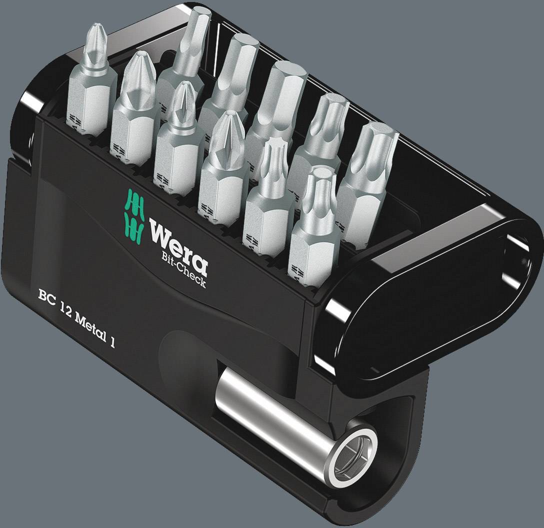 Wera Bit-Check BC 12 Metal 1 Set with 12 cross and Torx bits in a black-grey plastic holder, a compact and practical storage solution.