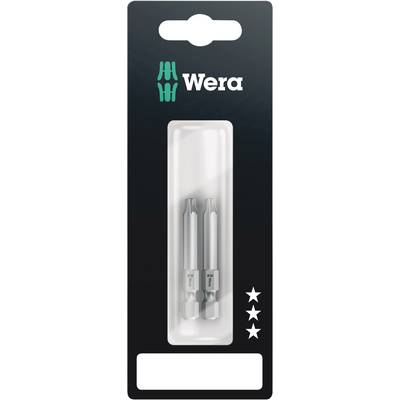 Packaging containing two silver screwdriver bits from the Wera brand, presented in a blister pack against a black background.