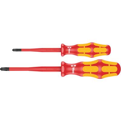 Two isolated screwdrivers with red handles and yellow markings. They are designed for safe work on electrical installations.