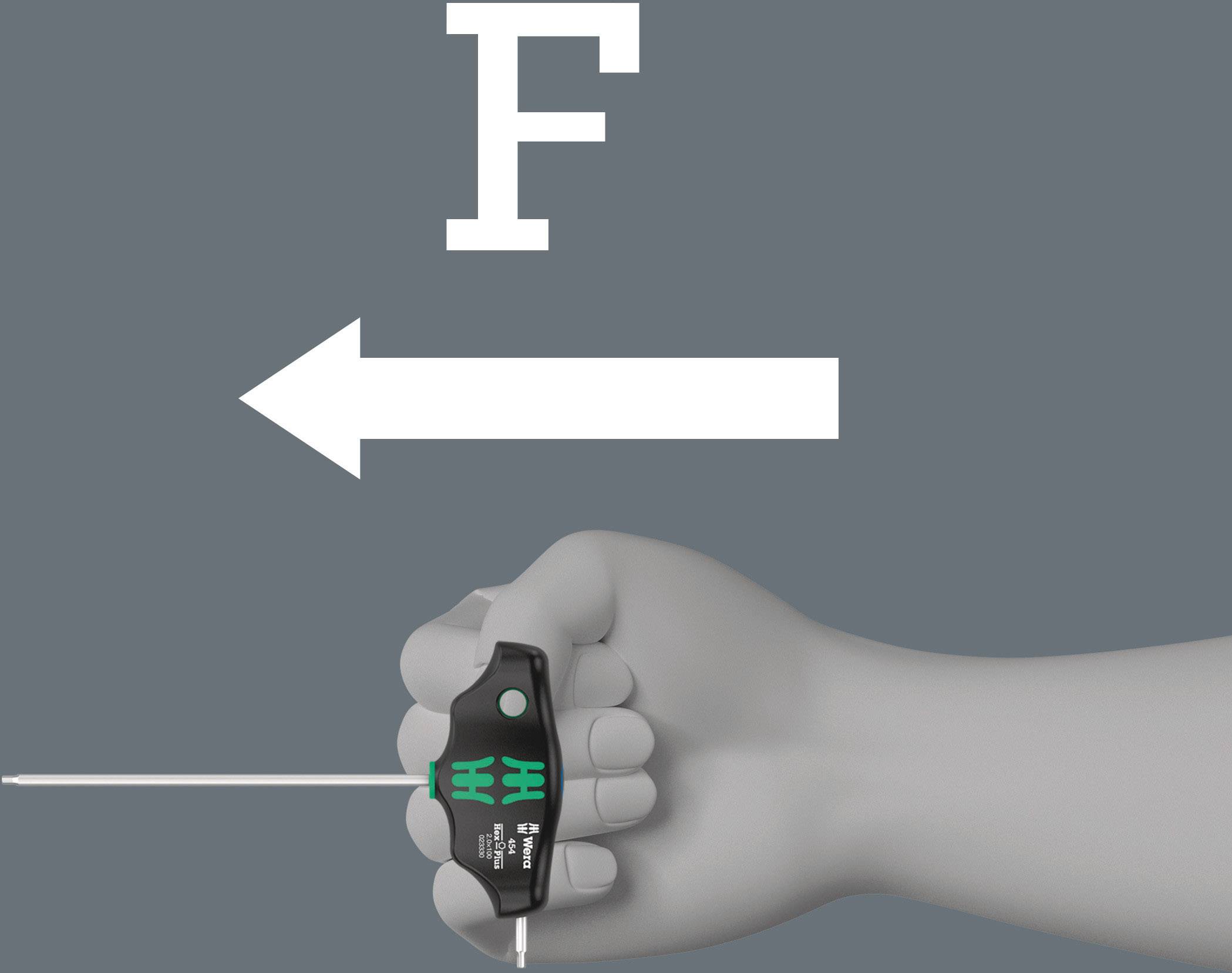 A diagram shows a hand holding a dynamometer, with an arrow pointing to the left symbolising the force 'F'.
