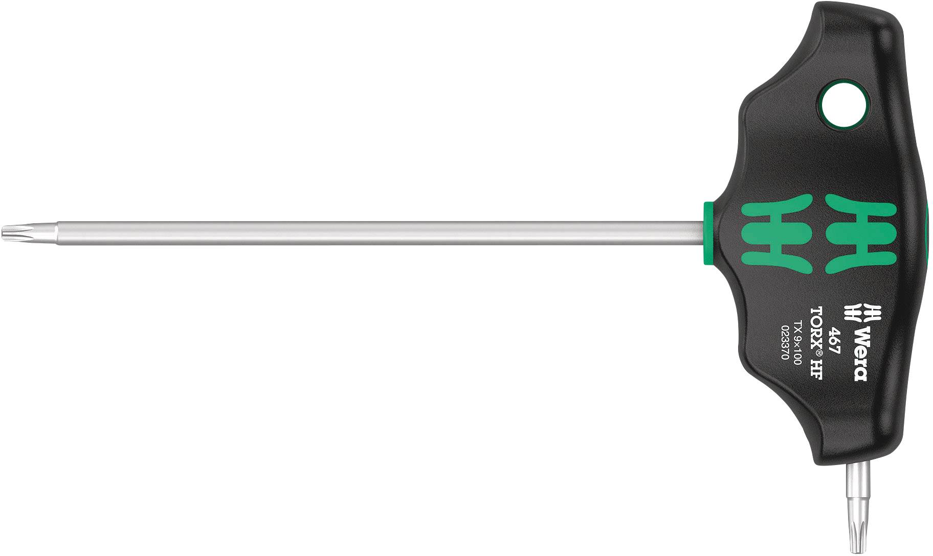 A T-handled screwdriver with a long shaft and green-black grip, suitable for Torx screws. Marking shows 'Wera'.