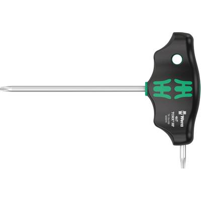 A T-handle screwdriver by Wera with a TORX T15 tip. The handle is black with green accents and has an ergonomic design.