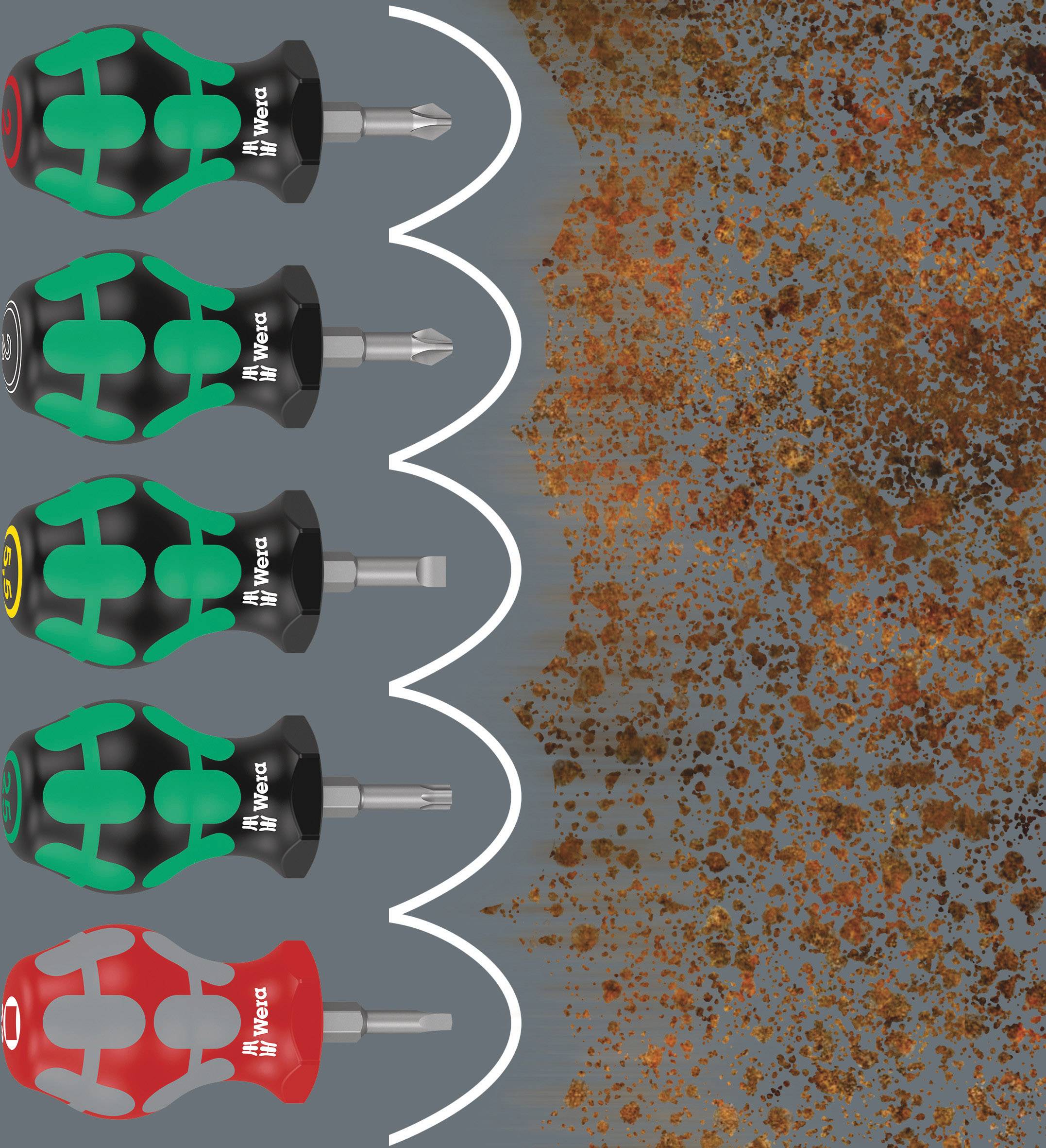 'Set of six colourful screwdrivers with ergonomic handles to illustrate versatility and rust resistance.'