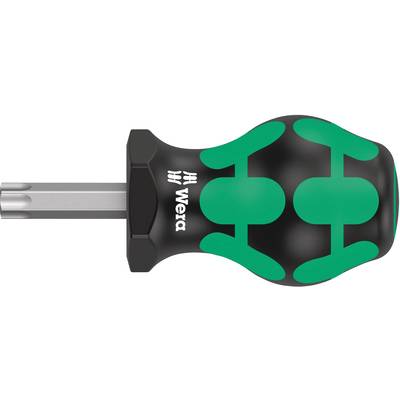 A short screwdriver with a black handle and green rubber inserts. The blades are held in place by a precise push-fit mechanism.
