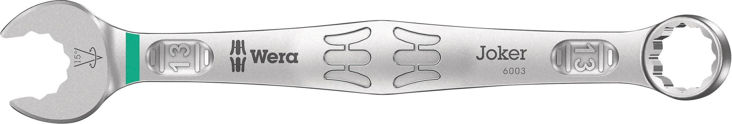 Spanner with open-jaw and ring spanner ends. Brand name 'Wera Joker 6003' visible on the handle. High-gloss chrome finish.