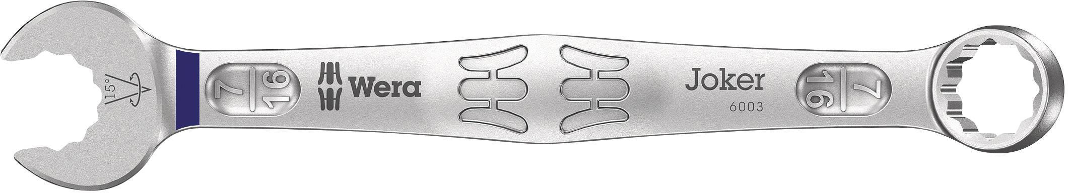 A silver Wera 'Joker 6003' spanner with an open and closed end, specially shaped for better grip.