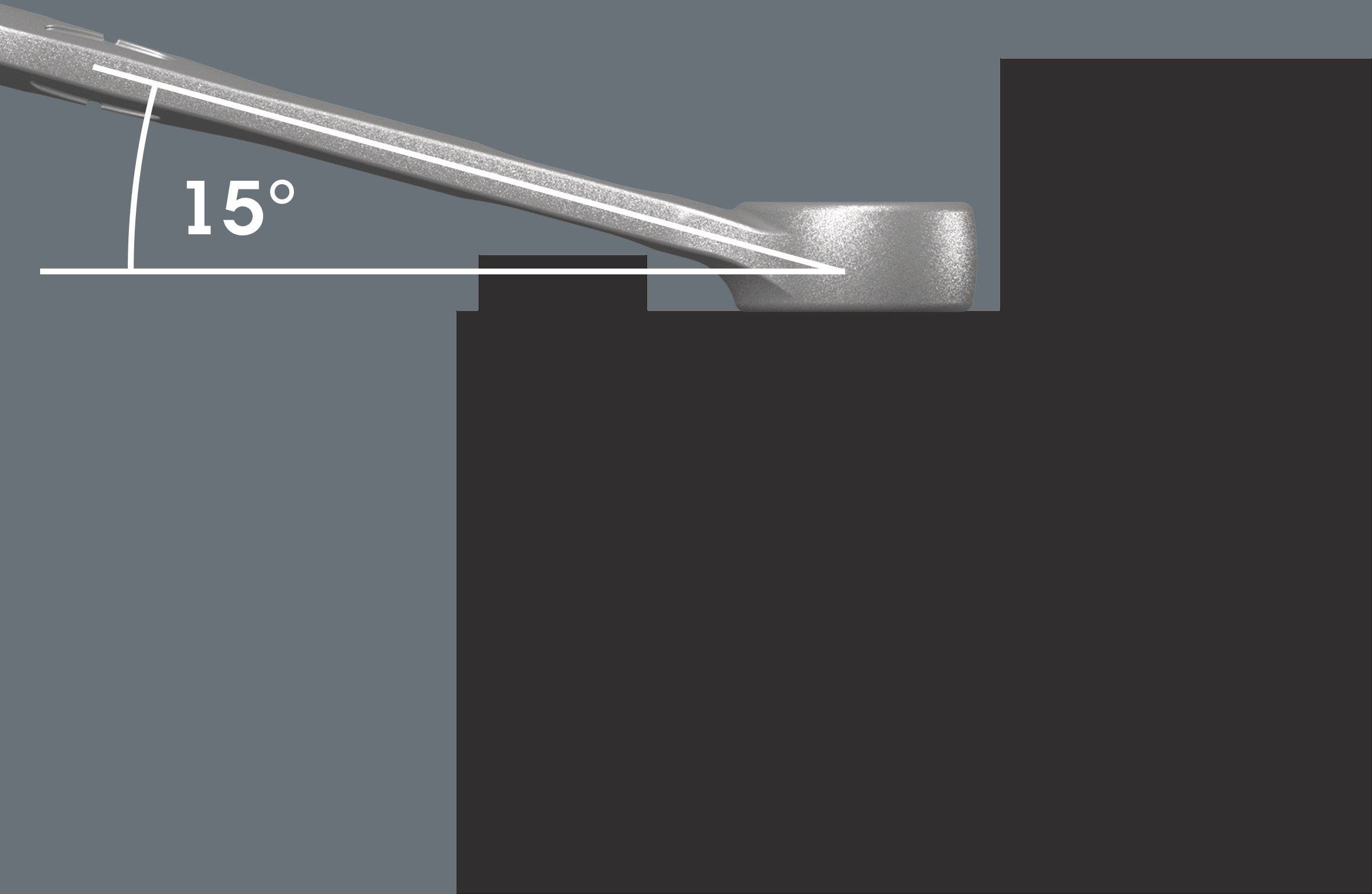 A silver rod is positioned at a 15-degree angle on a black surface.