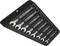 A set of eight spanners in various sizes in a black fabric pouch.