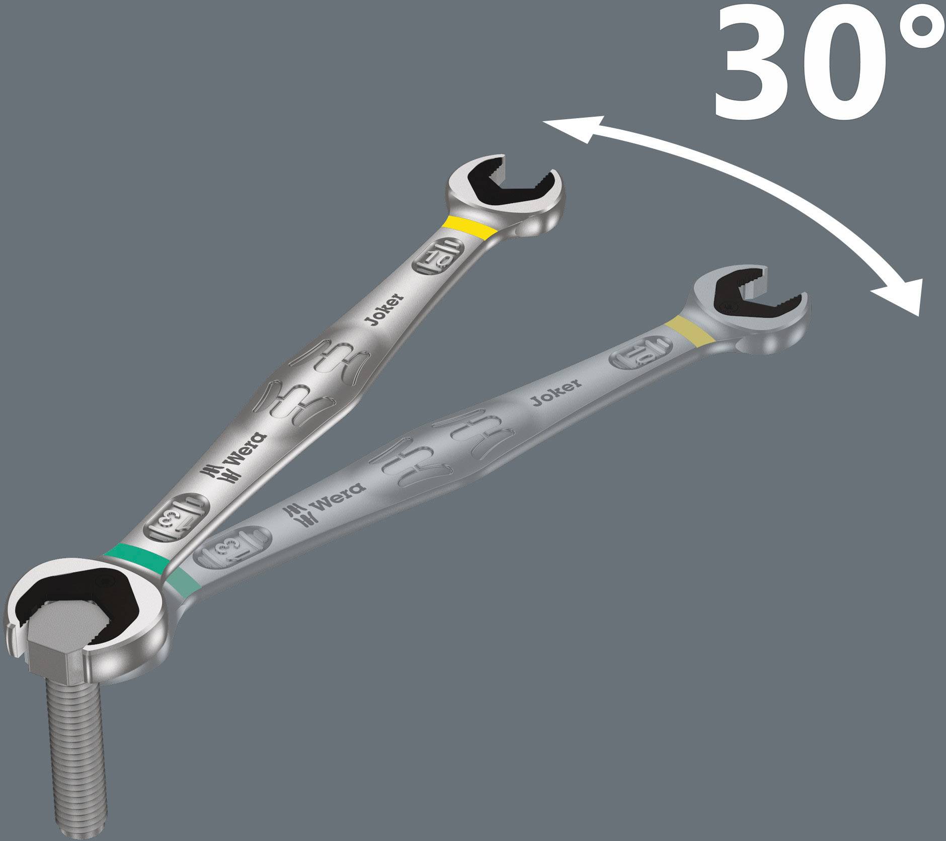 'Two spanners with 30-degree angular movement, placed on a bolt. Directional indication by arrow symbolises flexible application.'