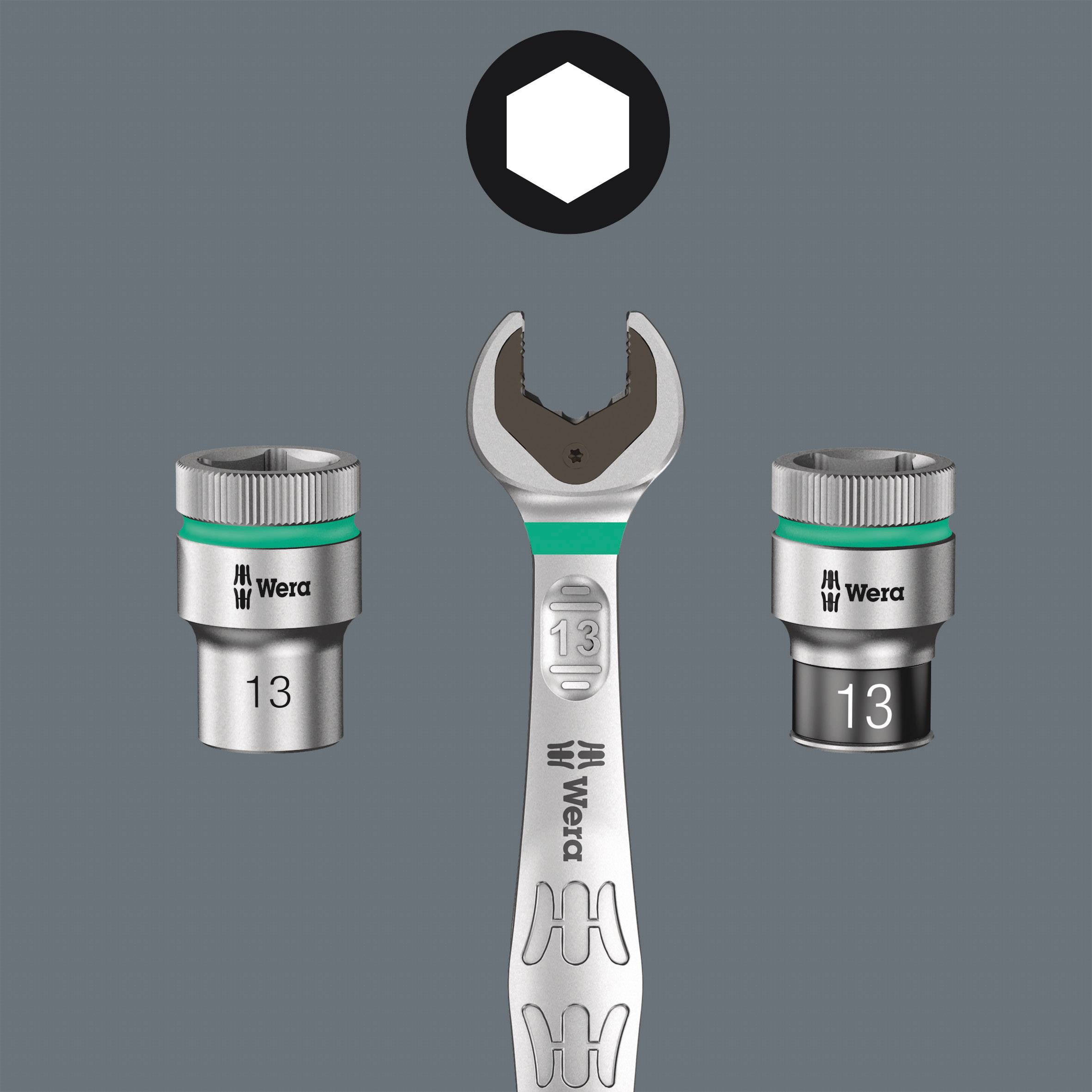 A spanner and two 13 mm sockets are shown against a grey background.