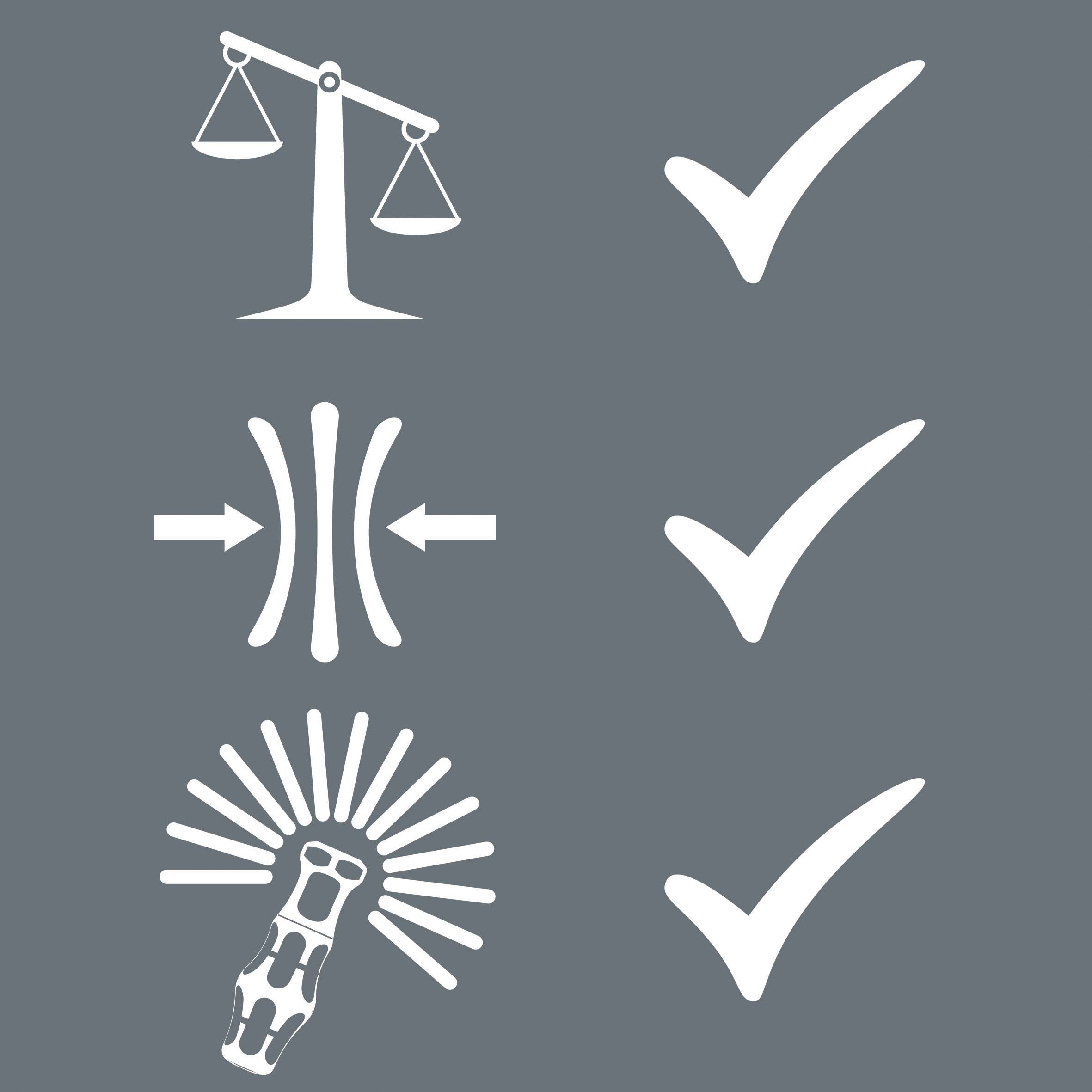 'Balance', 'Stability' and 'Flexibility' with hooks as symbols with positive meaning on a grey background.