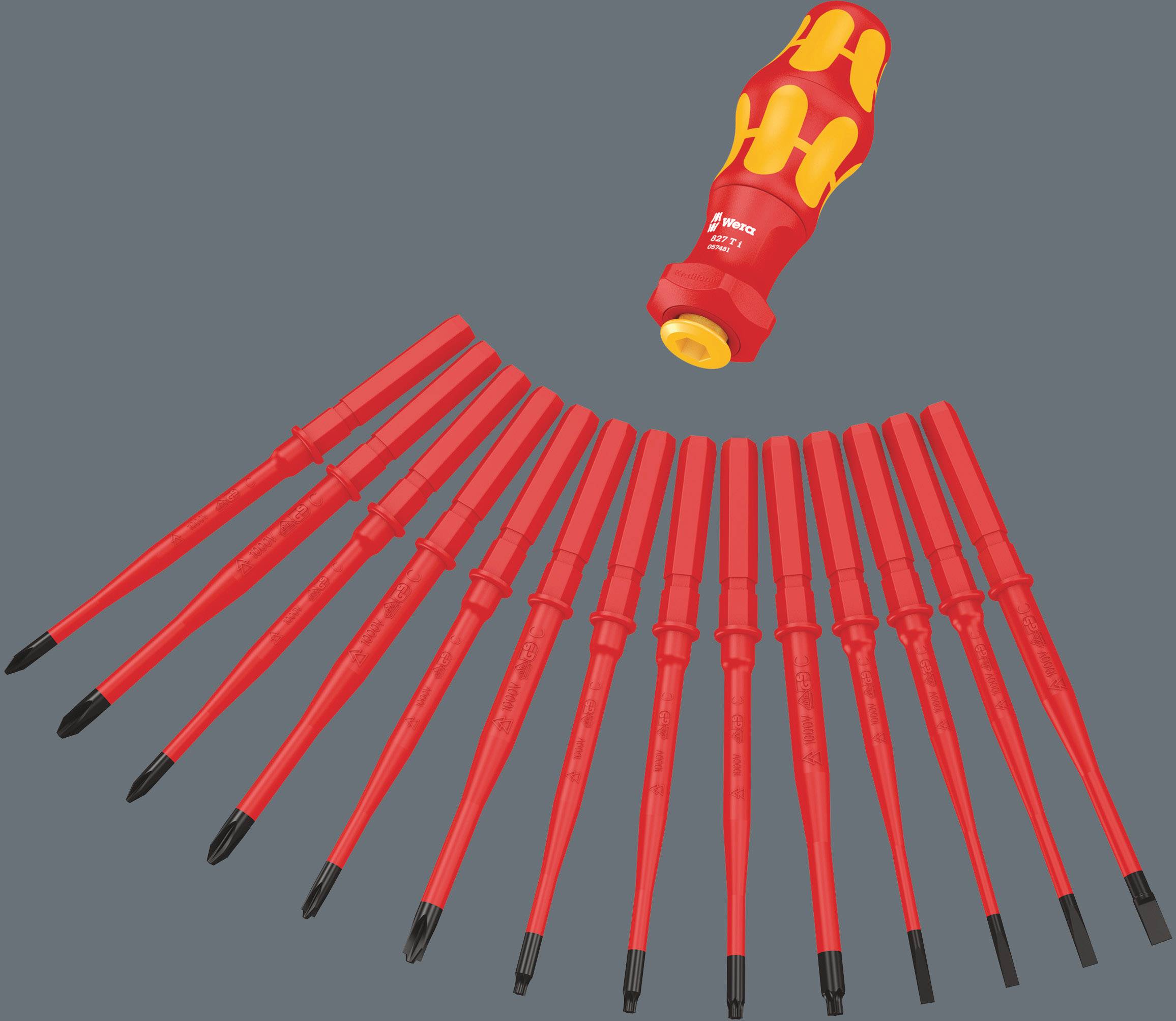 Set of isolated screwdrivers with multi-coloured handle, arranged in a fan-like layout.