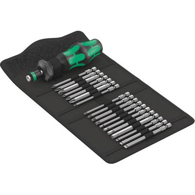 Screwdriver set with one handle and 23 different bits in an open black fabric case, arranged in groups.