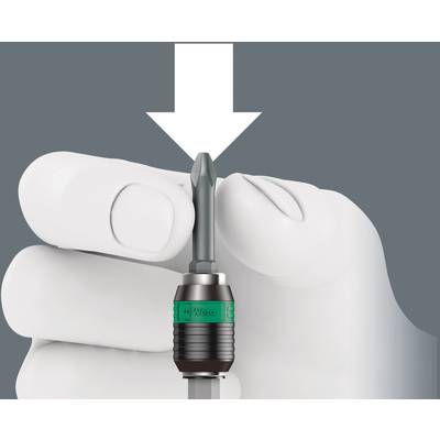 A hand is holding a screwdriver bit with an arrow marking pointing downwards, showing how the bit is inserted into the screwdriver.
