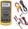 A digital multimeter and accessories with various measuring cables and crocodile clips. The display shows '199.98'.