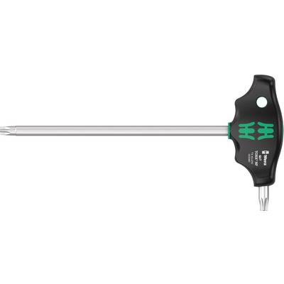 Torx screwdriver with T-handle, black handle with green logo, silver shaft. Suitable for easy handling and firm grip.