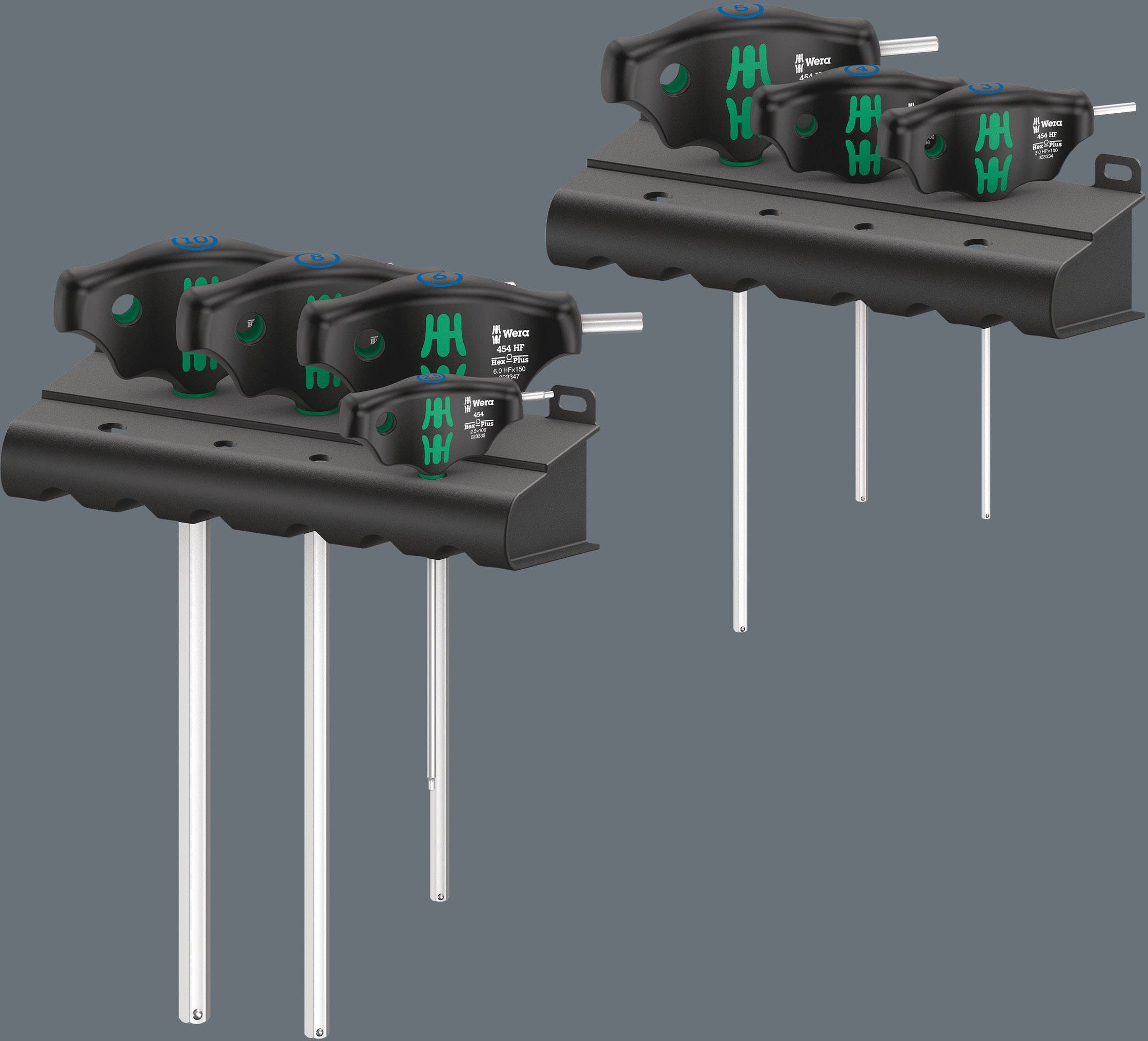 Two sets of T-handle screwdrivers in a black holder, each set containing five screwdrivers with long shafts.