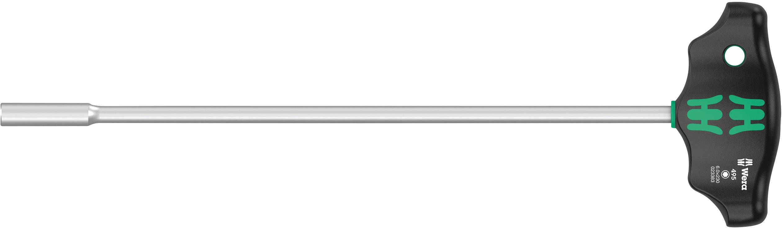 A screwdriver with a T-handle, elongated metal shaft and green-black grip, suitable for ergonomic working.