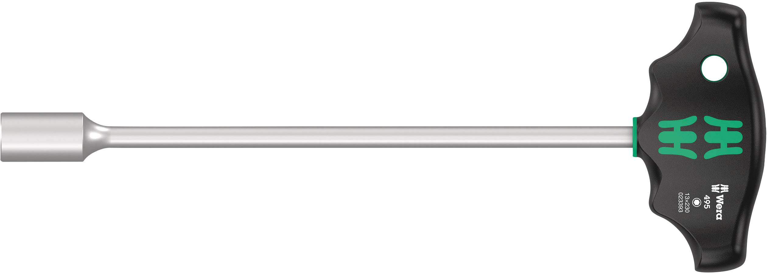 T-shaped screwdriver with a long shaft and green handle, suitable for hexagon screws. Ideal for precise tightening.