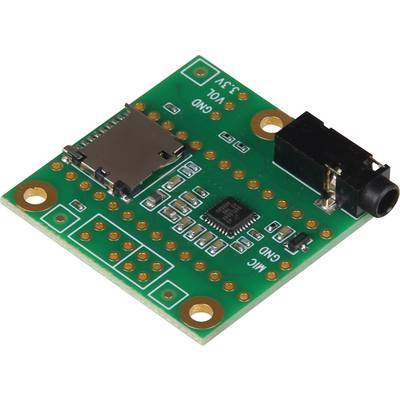 Green electronic circuit board with microcontroller, microSD card slot, and audio port. Used in electronic projects.