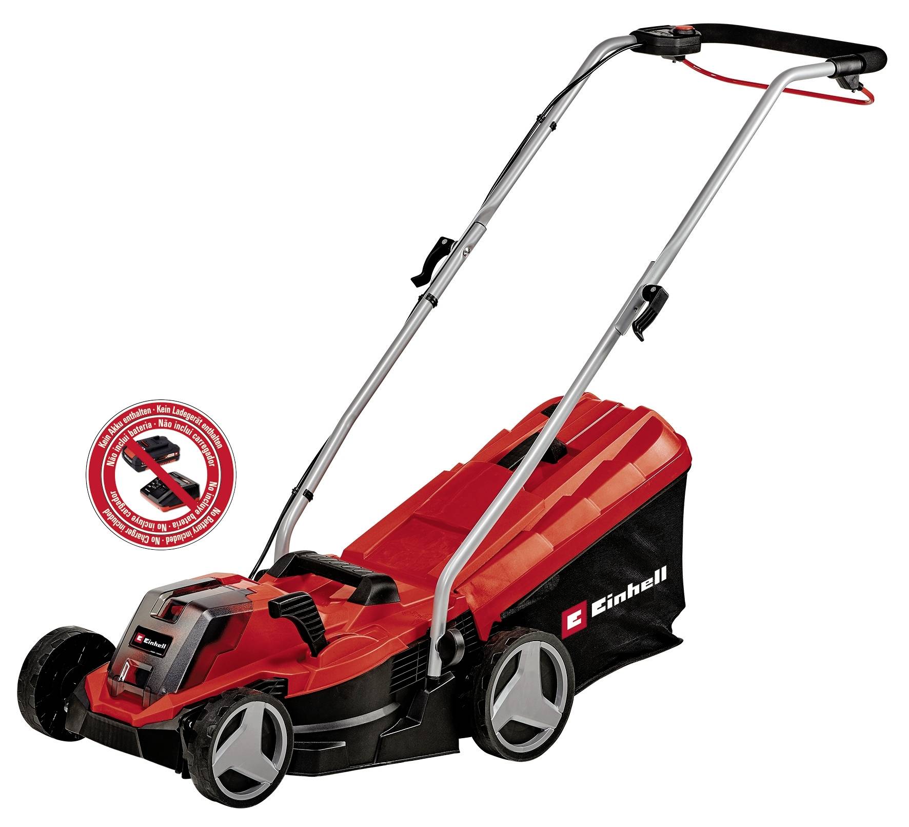 A red lawnmower with a black grass collector and a metal handle. It is compact and ergonomically designed.