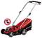 A red lawnmower with a black grass collector and a metal handle. It is compact and ergonomically designed.