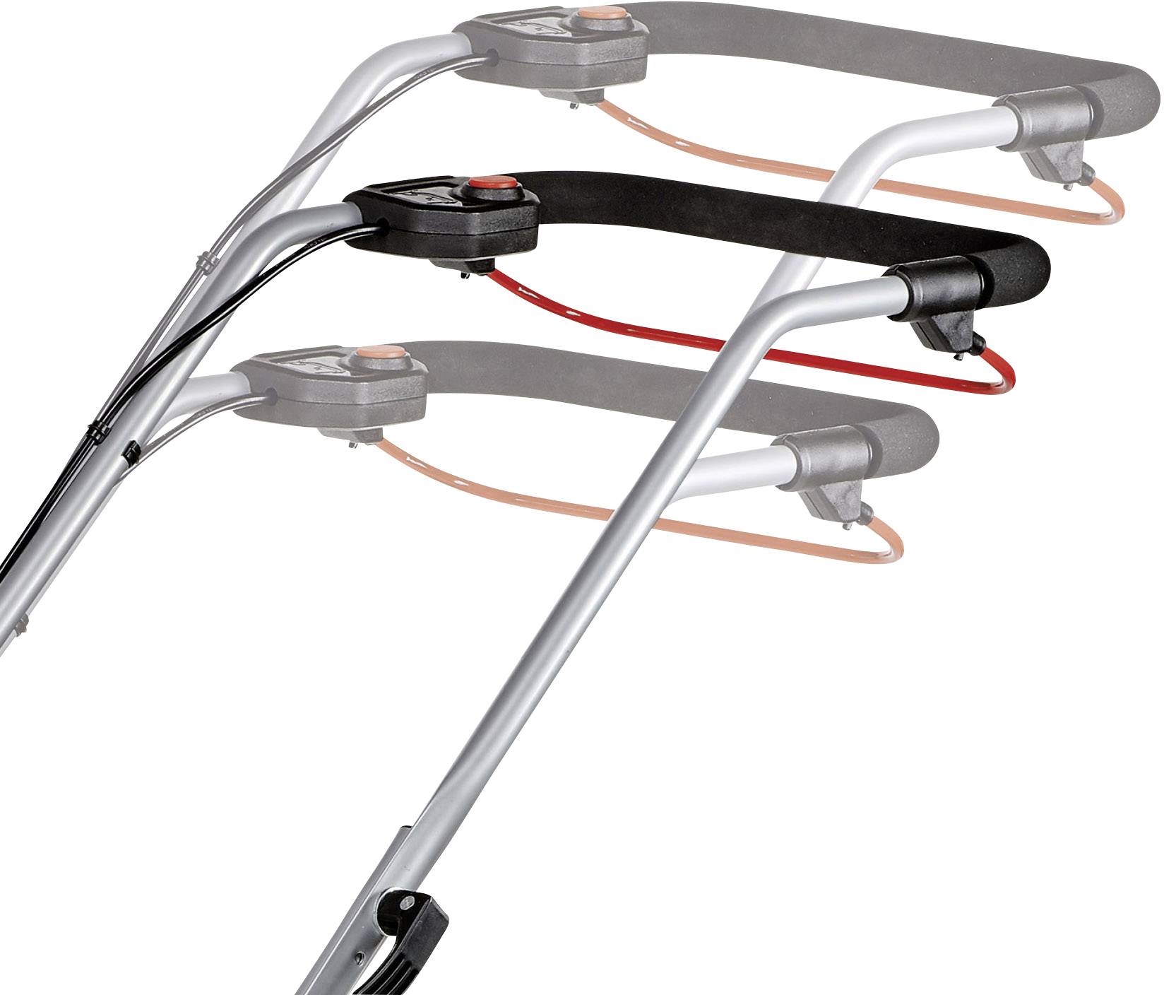 The handle of a lawnmower is adjustable at various angles. Show three possible handle positions in a diagram.