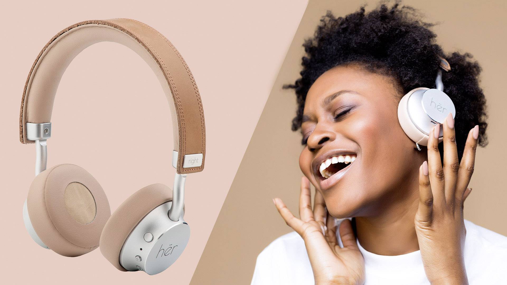 Beige headphones beside a singing person using them and expressing joy.