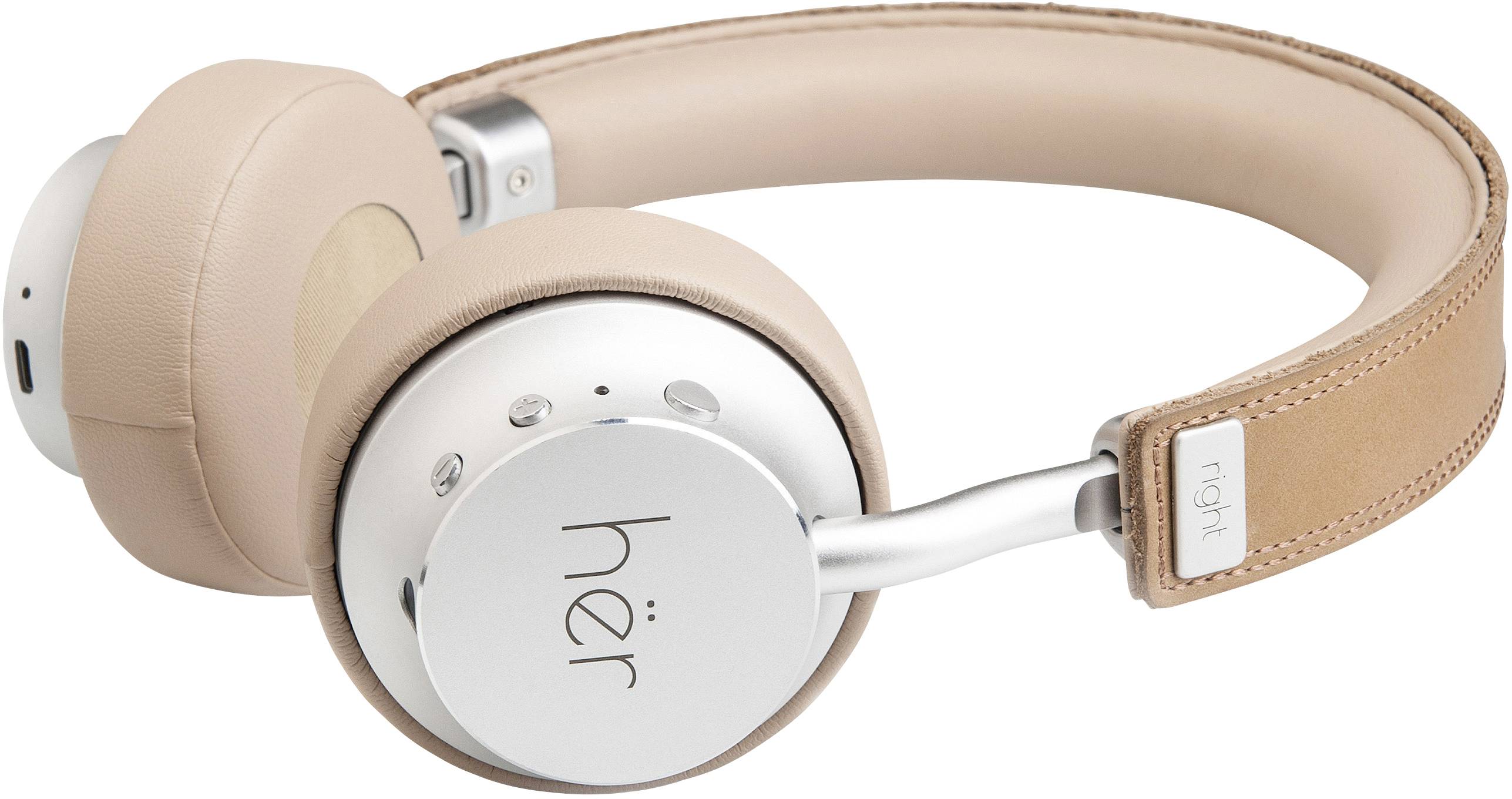 Wireless headphones in beige with 'hër' inscription on the ear cup, modern style, right ear side marked.