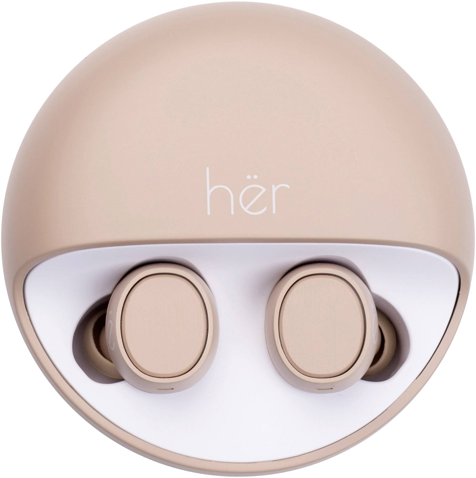 Rose gold wireless earphones in a round charging case with 'hër' logo, main view from above.