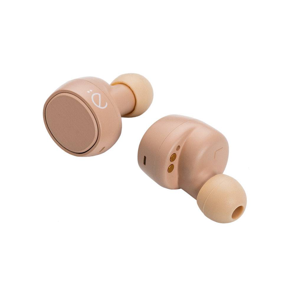 Two wireless in-ear headphones in light pink with a curved logo on the exterior, suitable for music and calls.