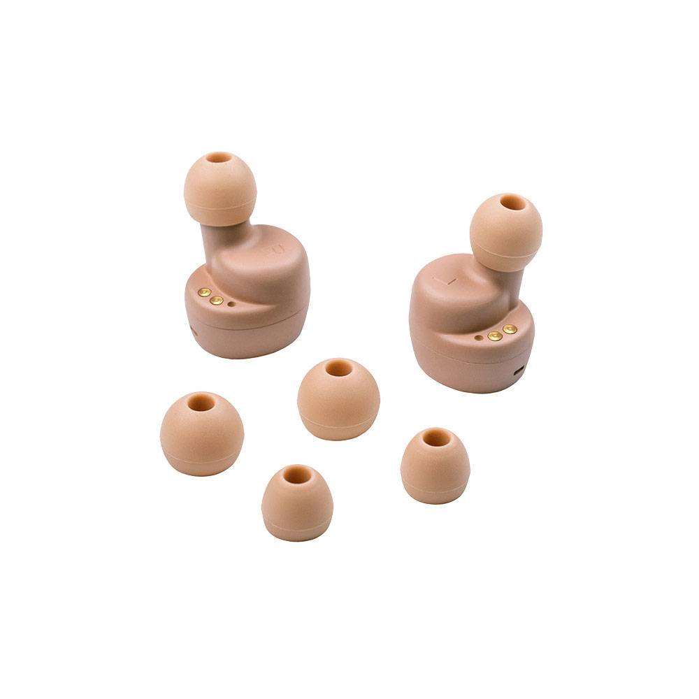 'Two skin-coloured earphones with interchangeable ear tips in different sizes, for an individual fit.'