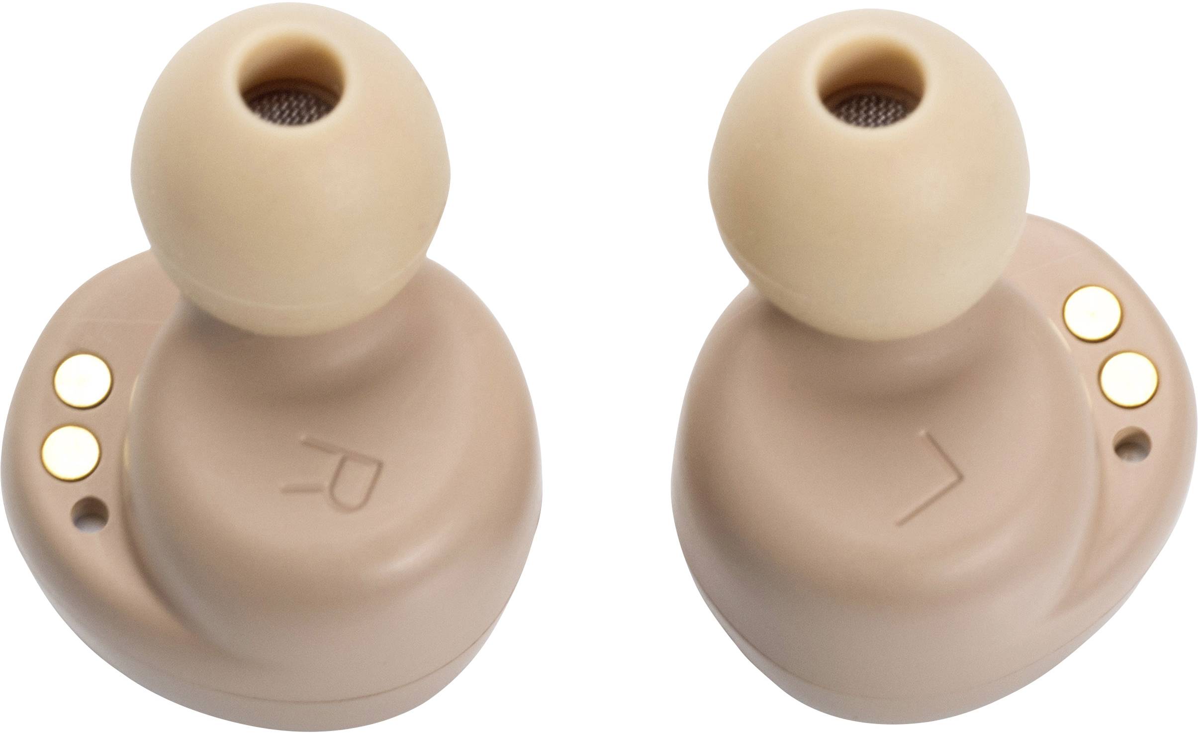 Two wireless in-ear headphones in brown, with L and R markings to indicate the left and right sides.