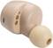 A single wireless in-ear headphone in beige with two gold contacts and silicone earbuds.