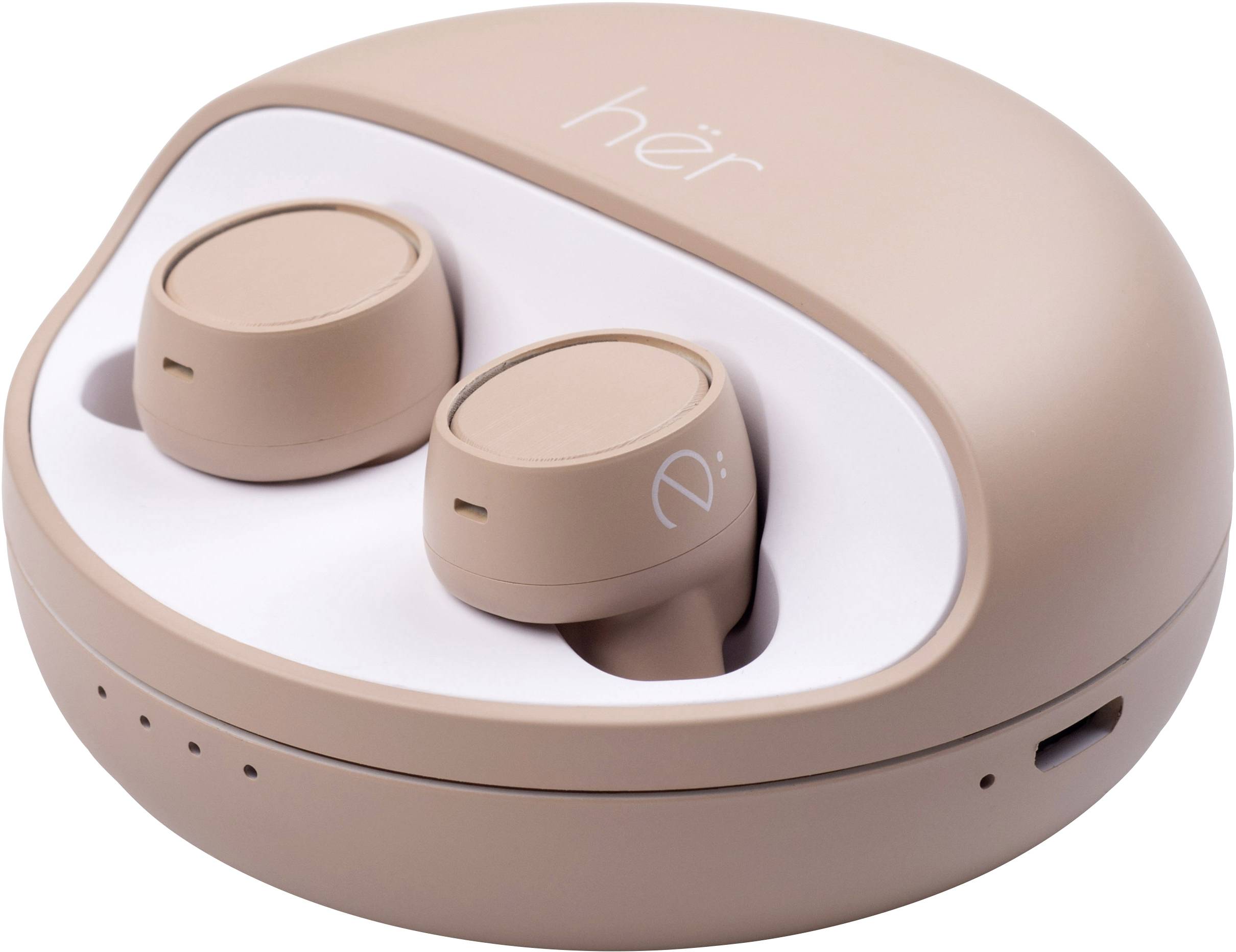 Earphones in a case, beige in colour, with 'her' printed on the top surface.