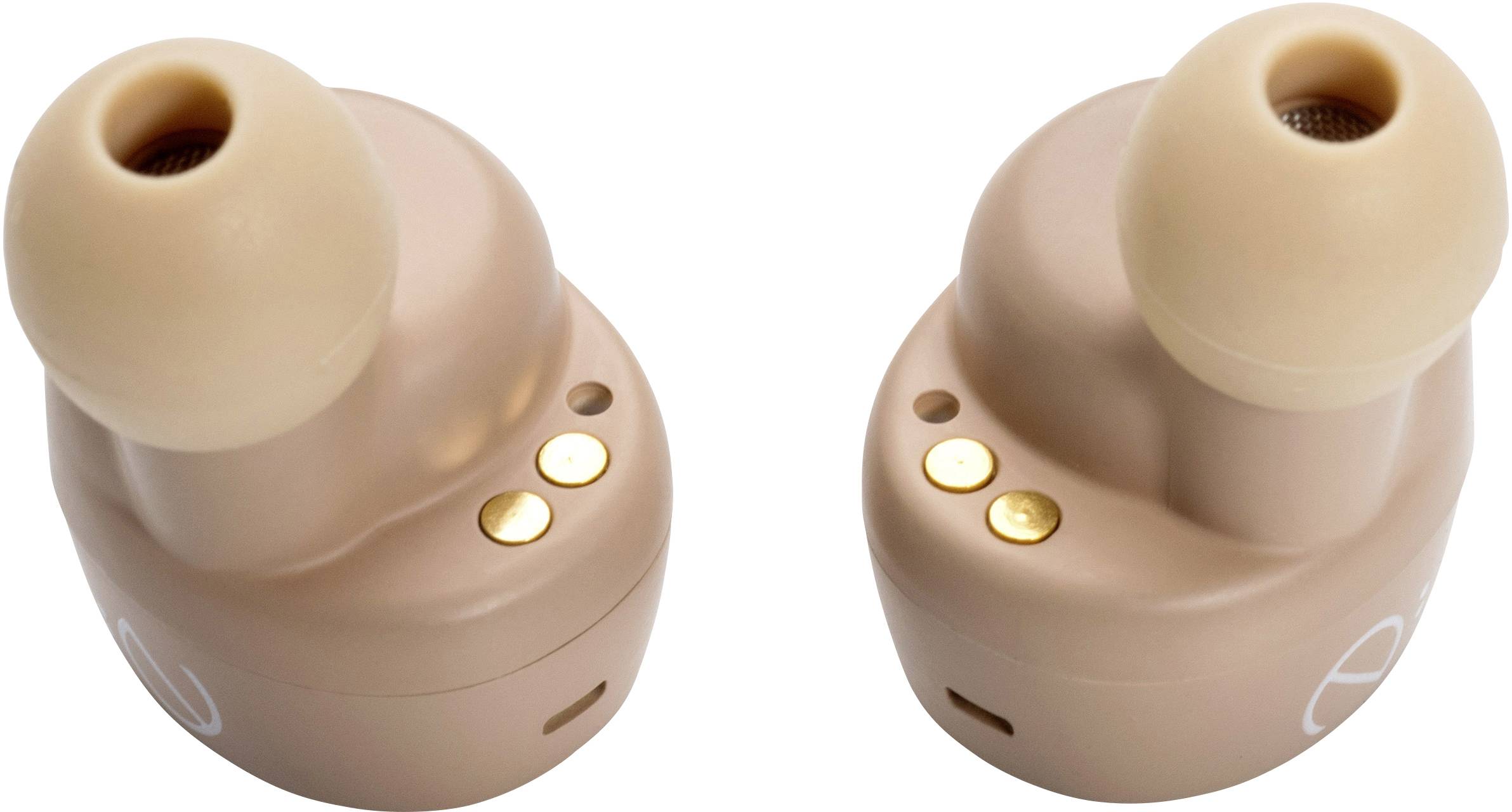 Two wireless, flesh-coloured earbuds with ivory-coloured ear cushions and four golden contact points, lying side by side.